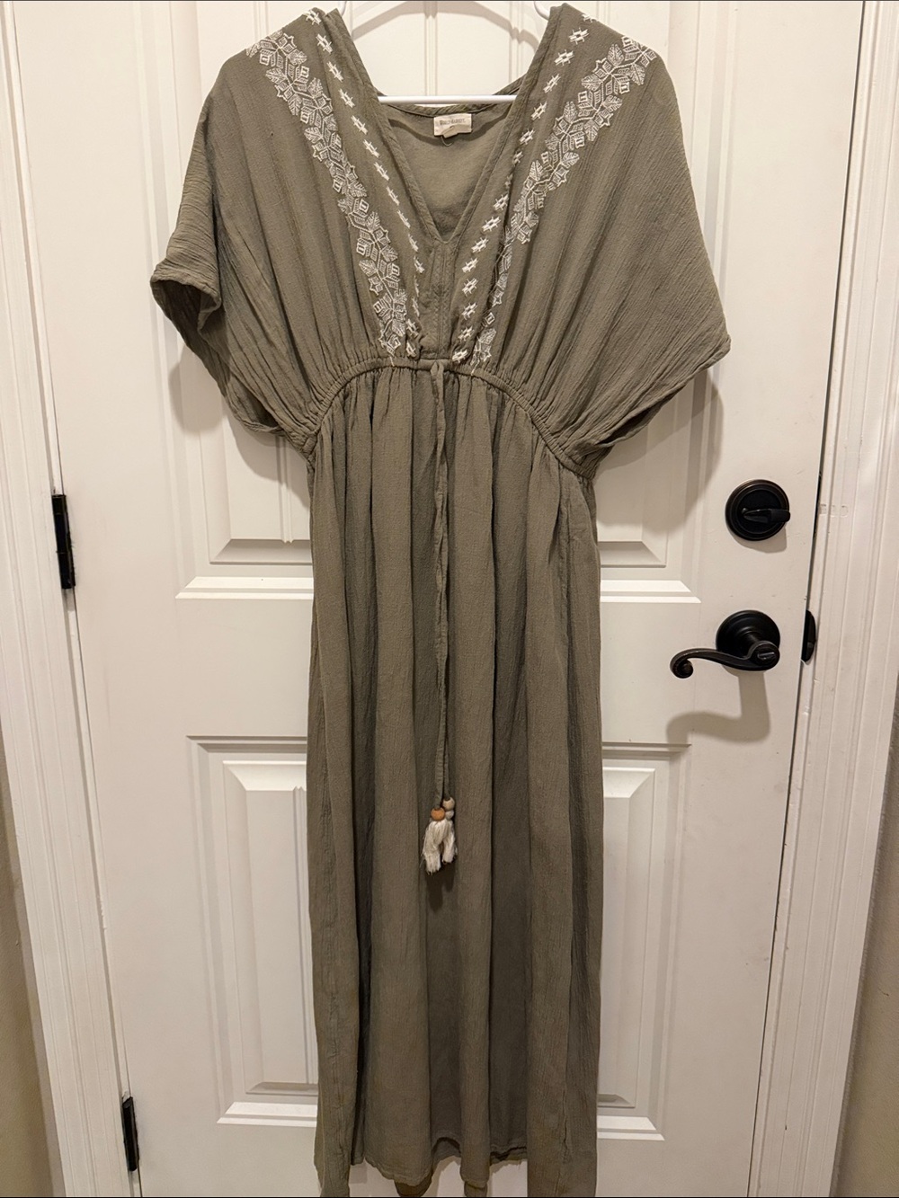 Cost Plus World Market Olive Embroidered V-Neck Maxi Dress